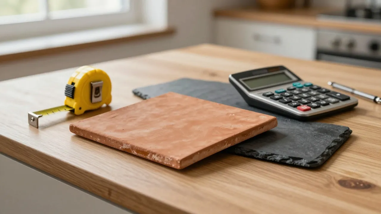 Échantillons de tuile et d’ardoise, mètre ruban et calculatrice sur une table