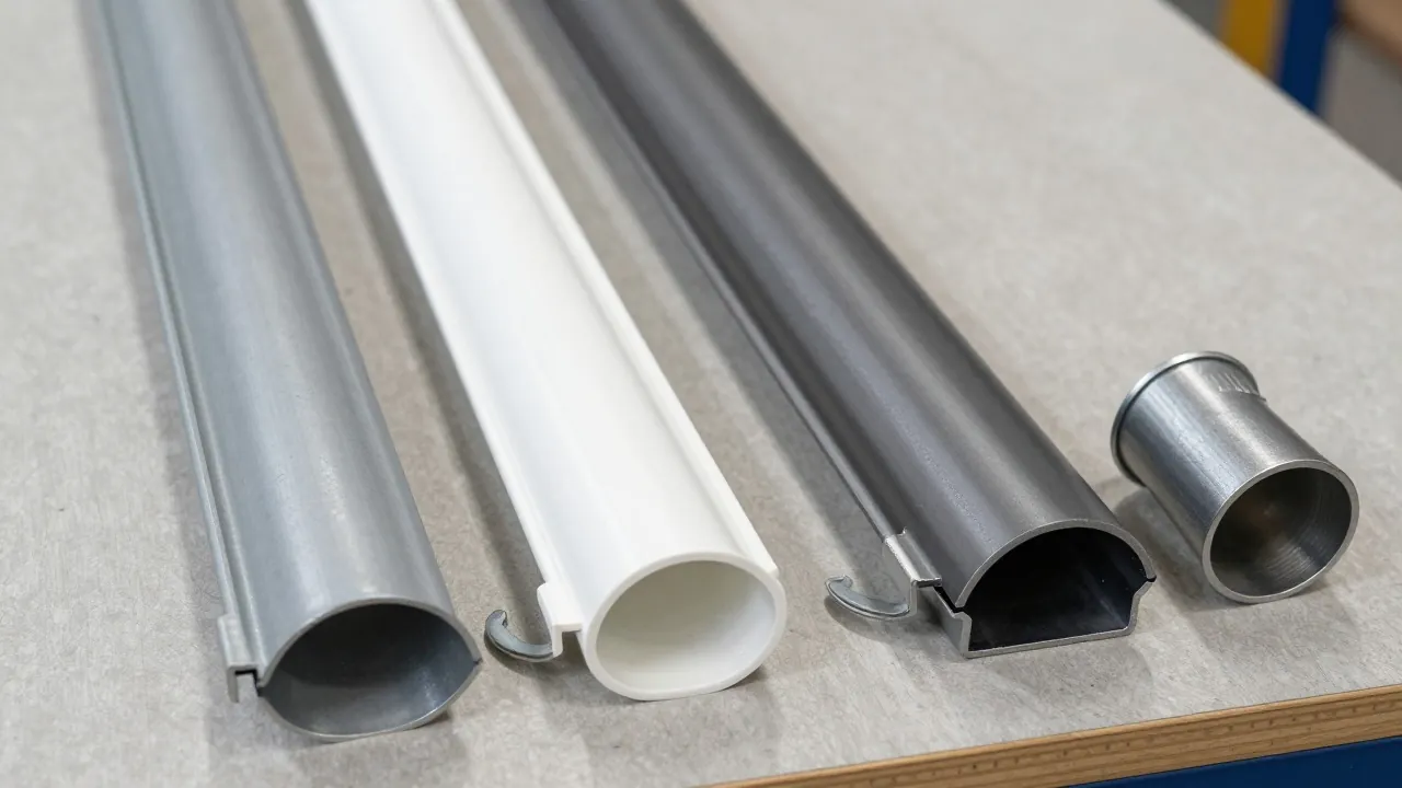 Échantillons de gouttières en zinc, PVC et aluminium sur un établi